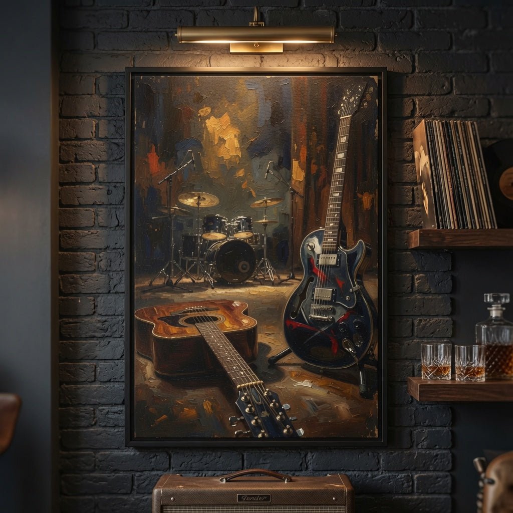 Framed rock-and-roll music canvas, black frame close-up showing guitar and drum details.
