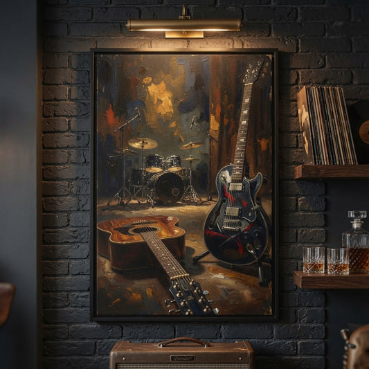 Framed rock-and-roll music canvas, black frame close-up showing guitar and drum details.