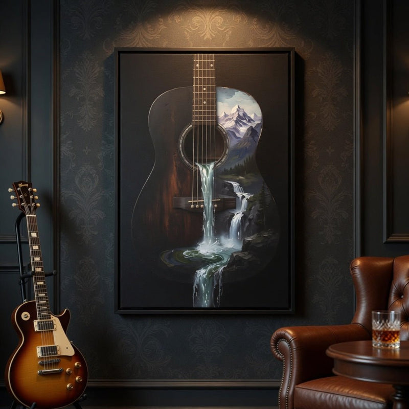 Framed guitar and waterfall wall art with a mountain moon backdrop.