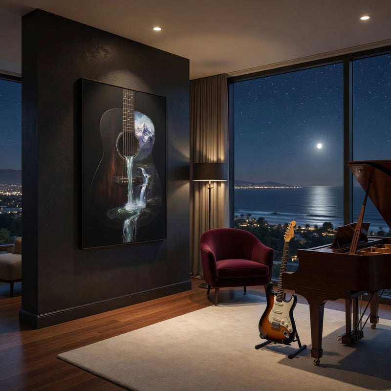 Vertical framed canvas wall art with guitar and waterfall stream in dark tones