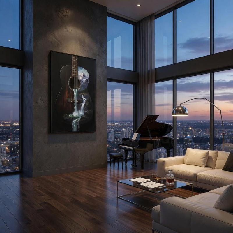Framed canvas wall art with guitar and waterfall-style stream in a dark design