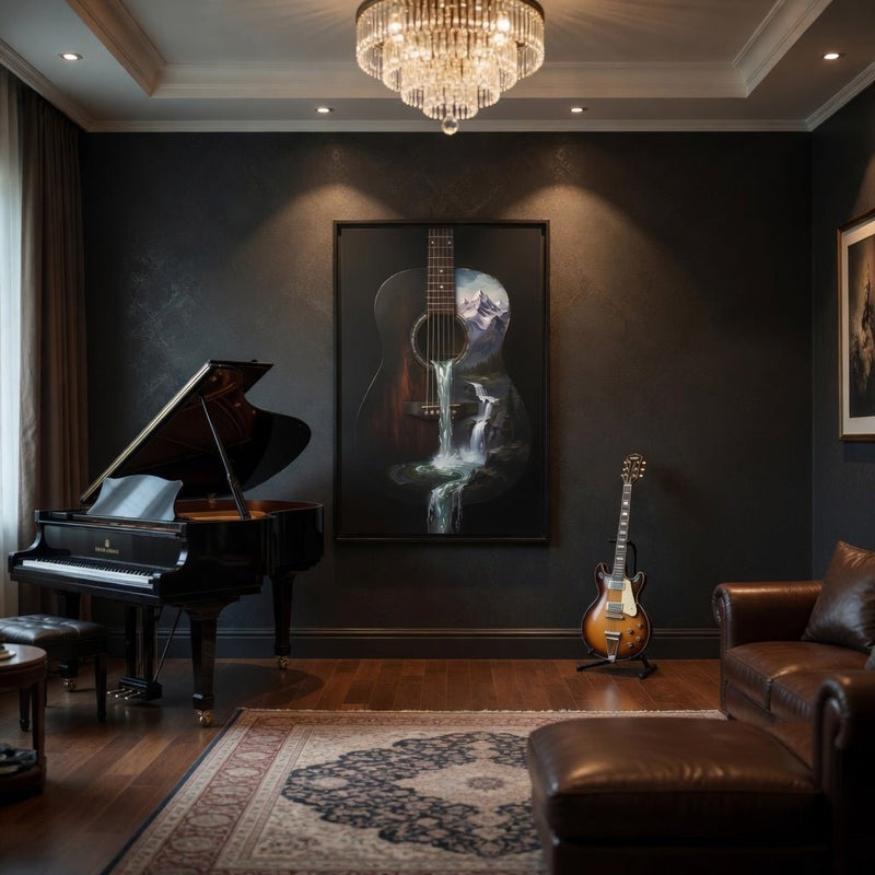 Black framed canvas wall art featuring a guitar silhouette with a waterfall stream
