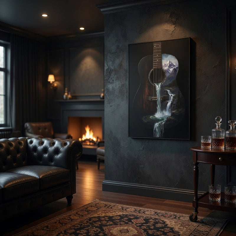 Framed canvas wall art featuring a guitar and waterfall spilling onto dark ground.
