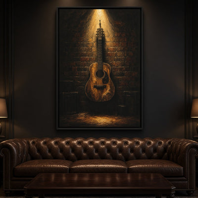 Framed guitar music canvas on wall with amber guitar under warm light