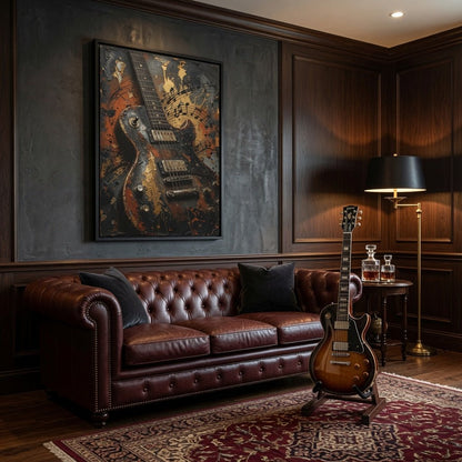 Framed vintage electric guitar canvas art, distressed orange/black/gold guitar illustration