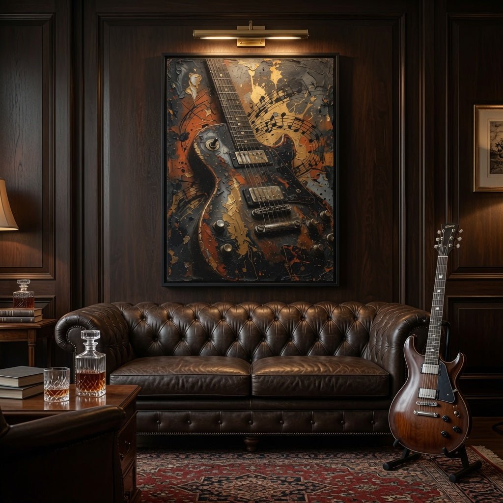 Framed vintage electric guitar canvas art with distressed orange and black guitar illustration