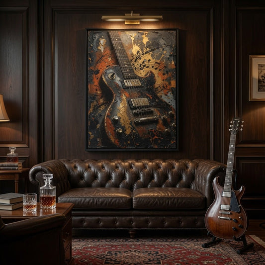 Framed vintage electric guitar canvas art with distressed orange and black guitar illustration