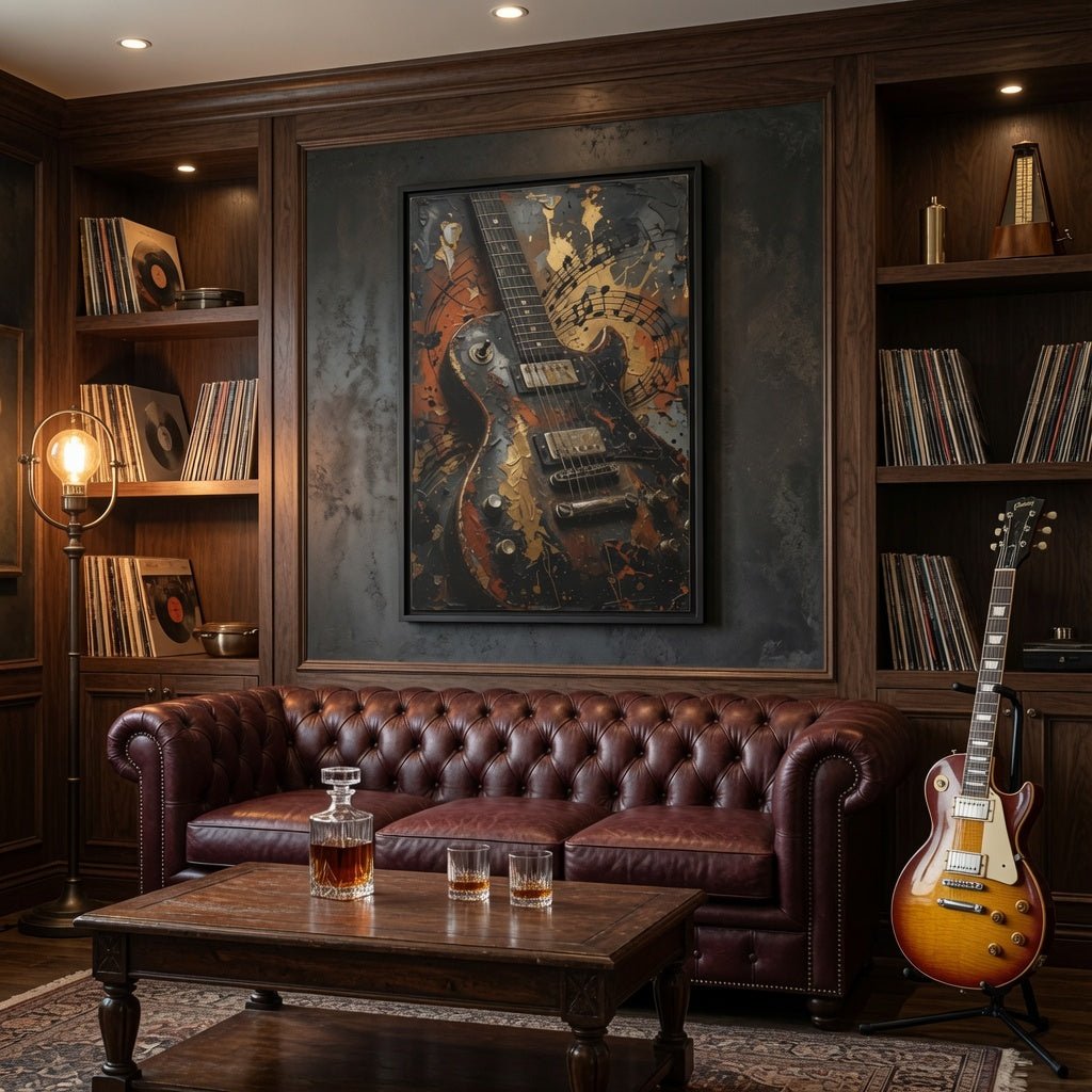 Framed vintage electric guitar canvas art, distressed orange, black, and gold guitar design