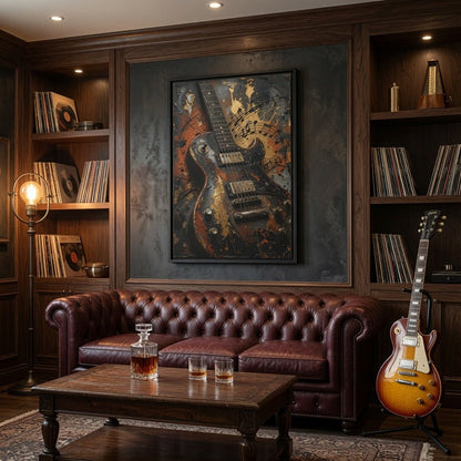Framed vintage electric guitar canvas art, distressed orange, black, and gold guitar design