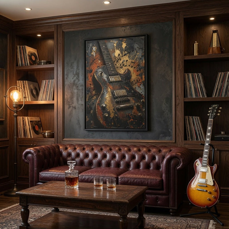 Framed vintage electric guitar canvas art, distressed orange, black, and gold guitar design