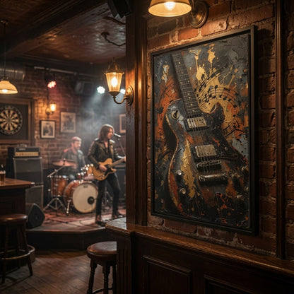 Framed vintage electric guitar canvas art with distressed guitar artwork in orange and gold