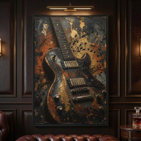 Framed vintage electric guitar canvas art, distressed black guitar with orange and gold accents