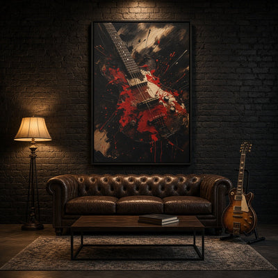 Black-framed electric guitar rock art print with red splatter and tan motion streaks