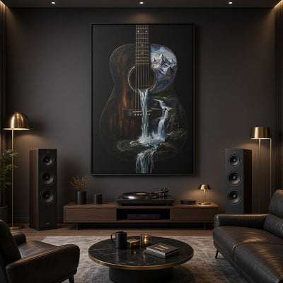 Framed guitar waterfall canvas wall art with flowing water and mountain peak design