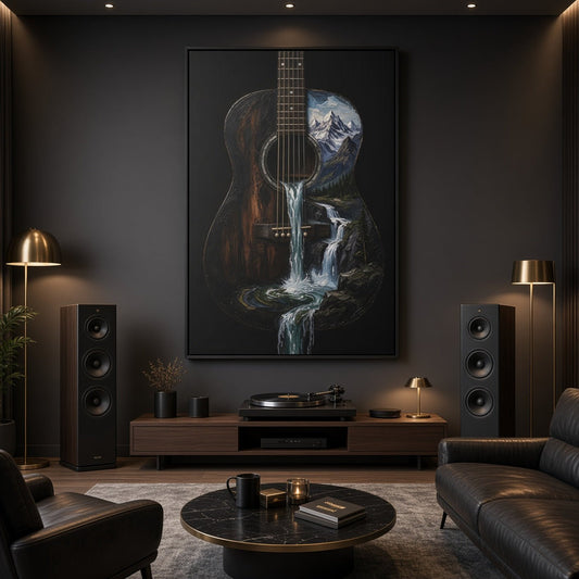 Framed guitar waterfall canvas wall art with flowing water and mountain peak design