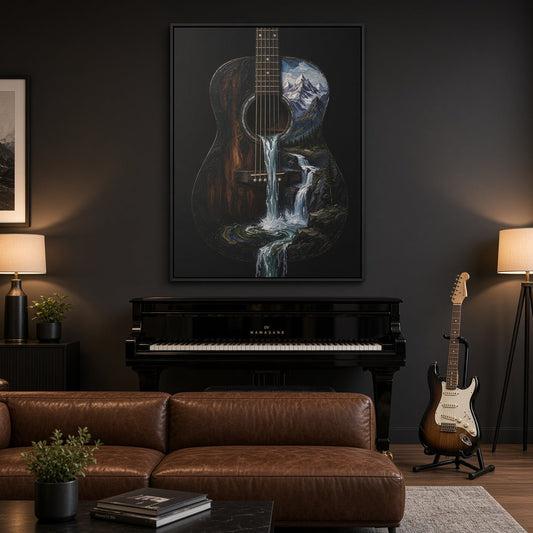 Framed canvas wall art featuring illustrated guitar, blue waterfall, and rocky details