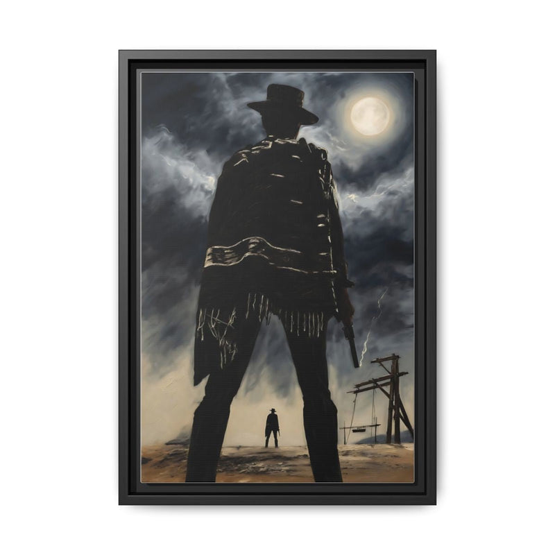Framed western canvas print with dark cowboy in hat, moon and cloudy sky, black frame