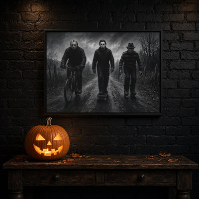 Framed horror canvas print with three cyclists walking toward the viewer in fog.