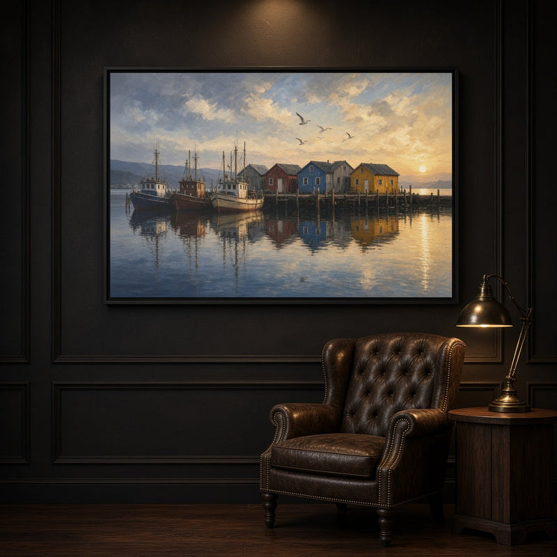 Framed fishing harbor canvas wall art with a dark wood chair beside it
