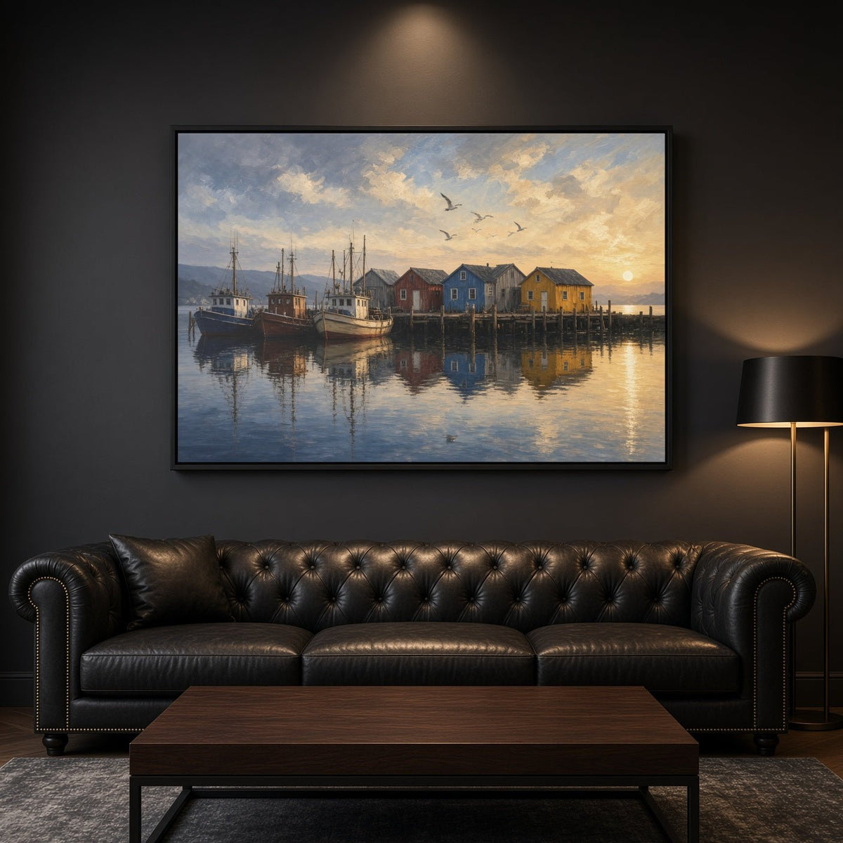 Framed canvas wall art of a calm fishing harbor with boats and colorful houses