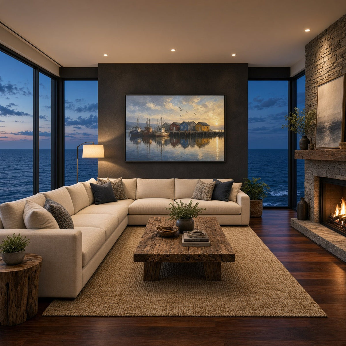 Framed canvas wall art showing a waterfront harbor with boats and mirrored reflections