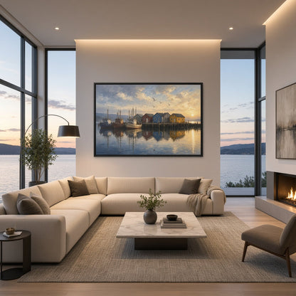 Framed harbor landscape canvas above a living room sofa and rug