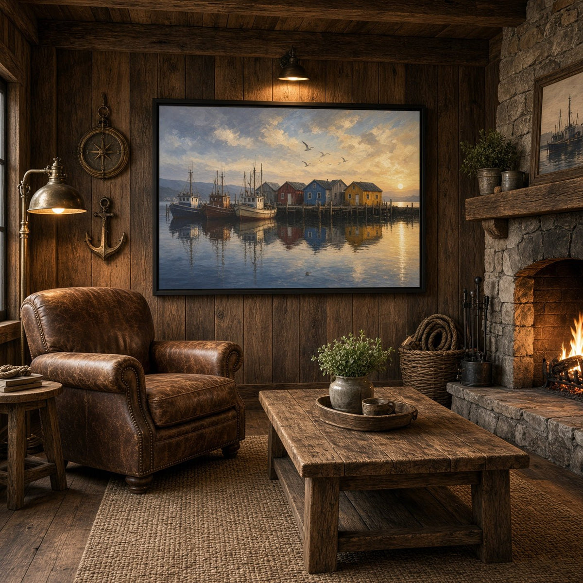 Framed fishing harbor canvas wall art in a rustic room with stone fireplace