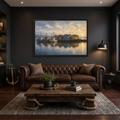 Framed fishing harbor canvas wall art above a brown leather sofa