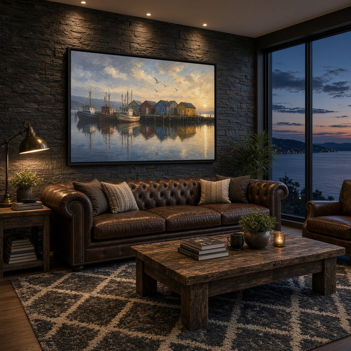 Framed harbor scene canvas above a tufted brown sofa and wooden coffee table