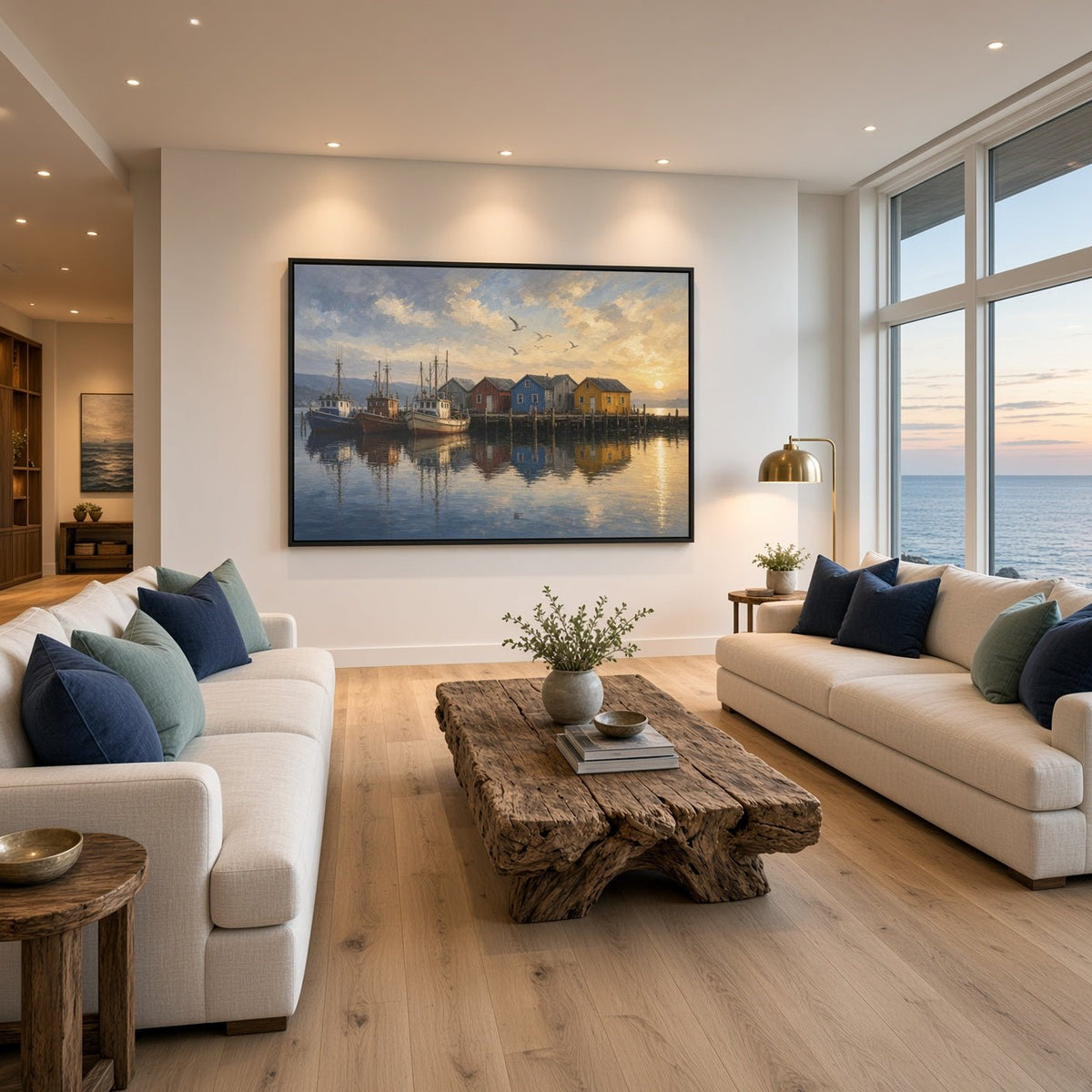 Framed fishing harbor canvas wall art displayed over a white sectional seating area