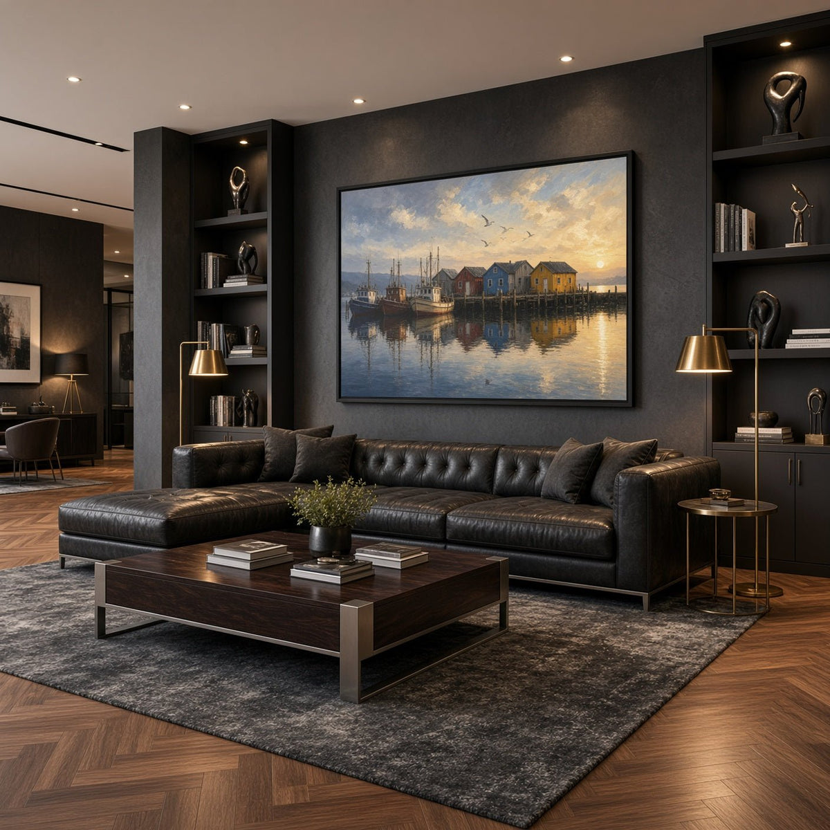 Framed fishing harbor canvas on a dark wall above a black leather sofa