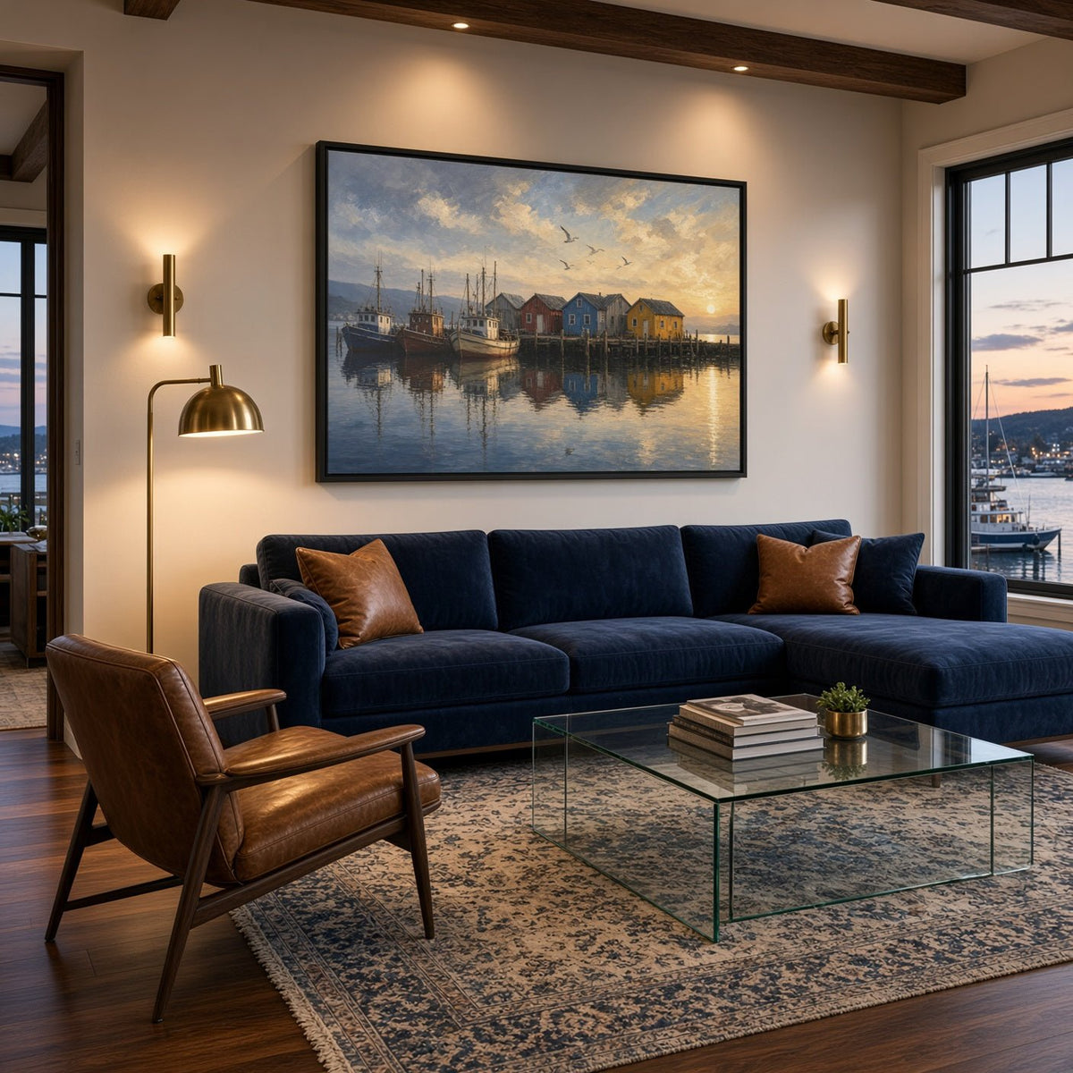 Framed fishing harbor canvas wall art above a blue sofa and glass coffee table