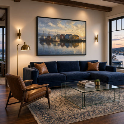 Framed fishing harbor canvas wall art above a blue sofa and glass coffee table
