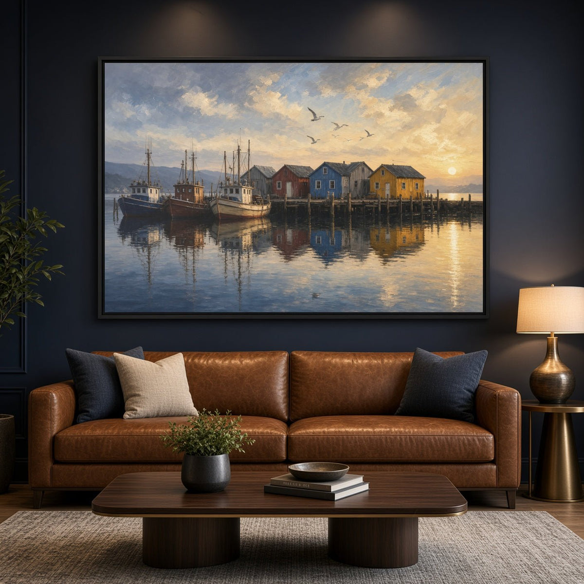 Framed fishing harbor canvas wall art above a brown sofa
