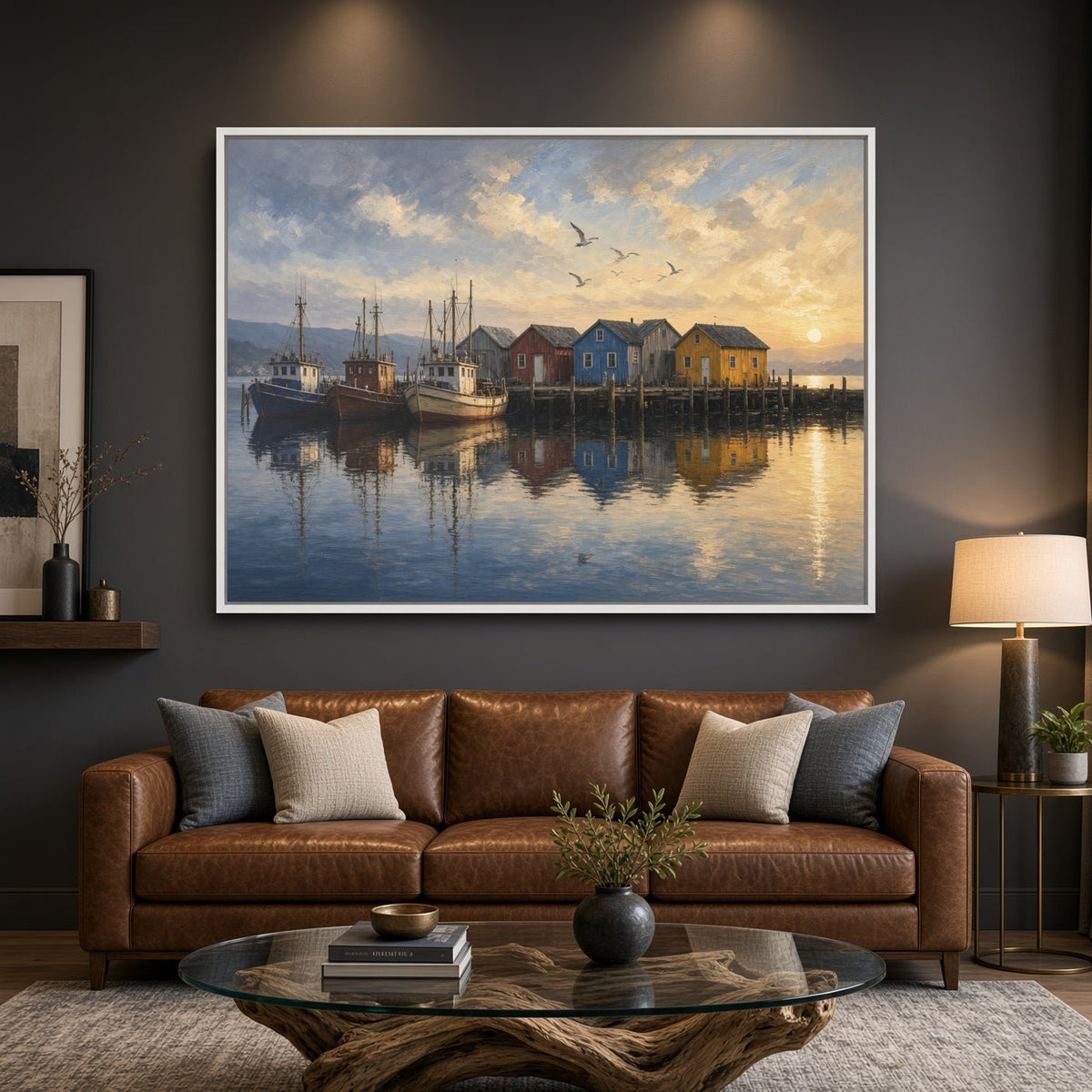Framed canvas wall art with boats docked along a harbor and warm sunset sky
