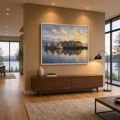 Framed canvas wall art featuring a fishing harbor with houses reflected on still water
