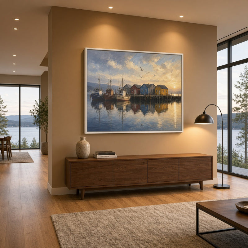 Framed canvas wall art featuring a fishing harbor with houses reflected on still water