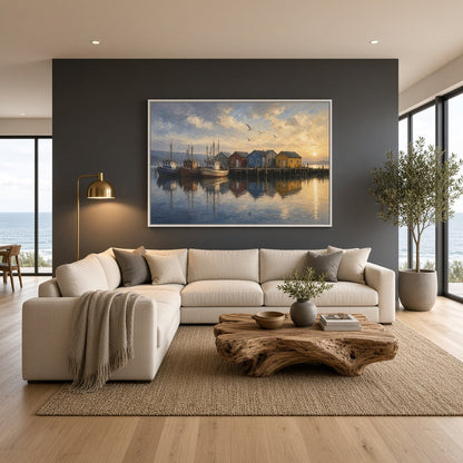 Framed canvas wall art of a waterfront village with boats and reflective calm water