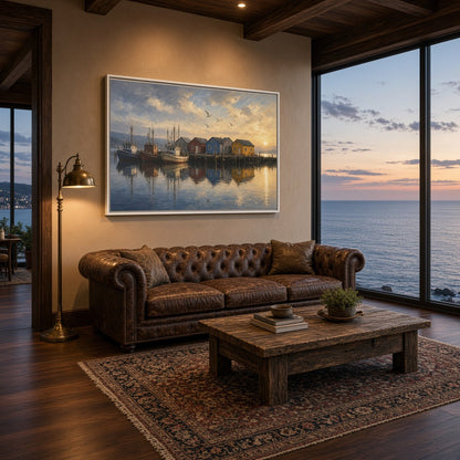 Framed canvas wall art of a harbor at dusk with boats, houses, and calm reflections