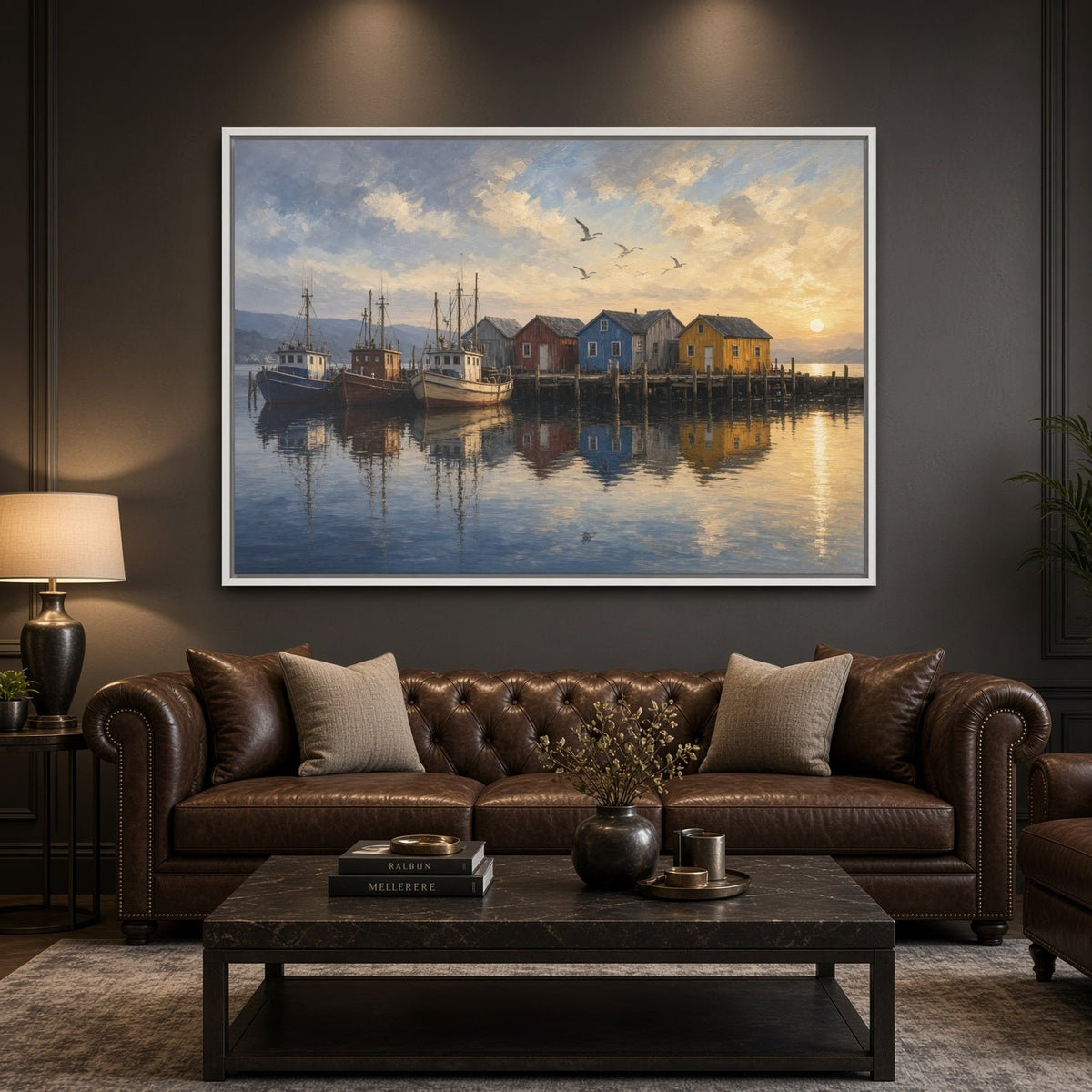 Framed canvas wall art showing a fishing harbor with boats, colorful buildings, and reflections