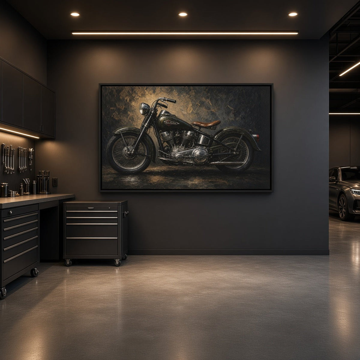 Black canvas print of a vintage motorcycle in side profile.