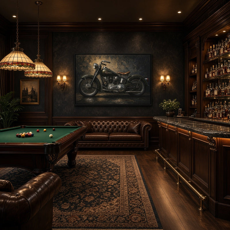 Framed motorcycle canvas featuring a vintage black bike against a textured background.