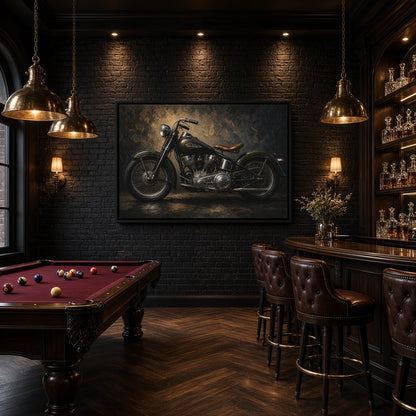 Motorcycle canvas wall art showing a vintage bike with a brown leather seat.