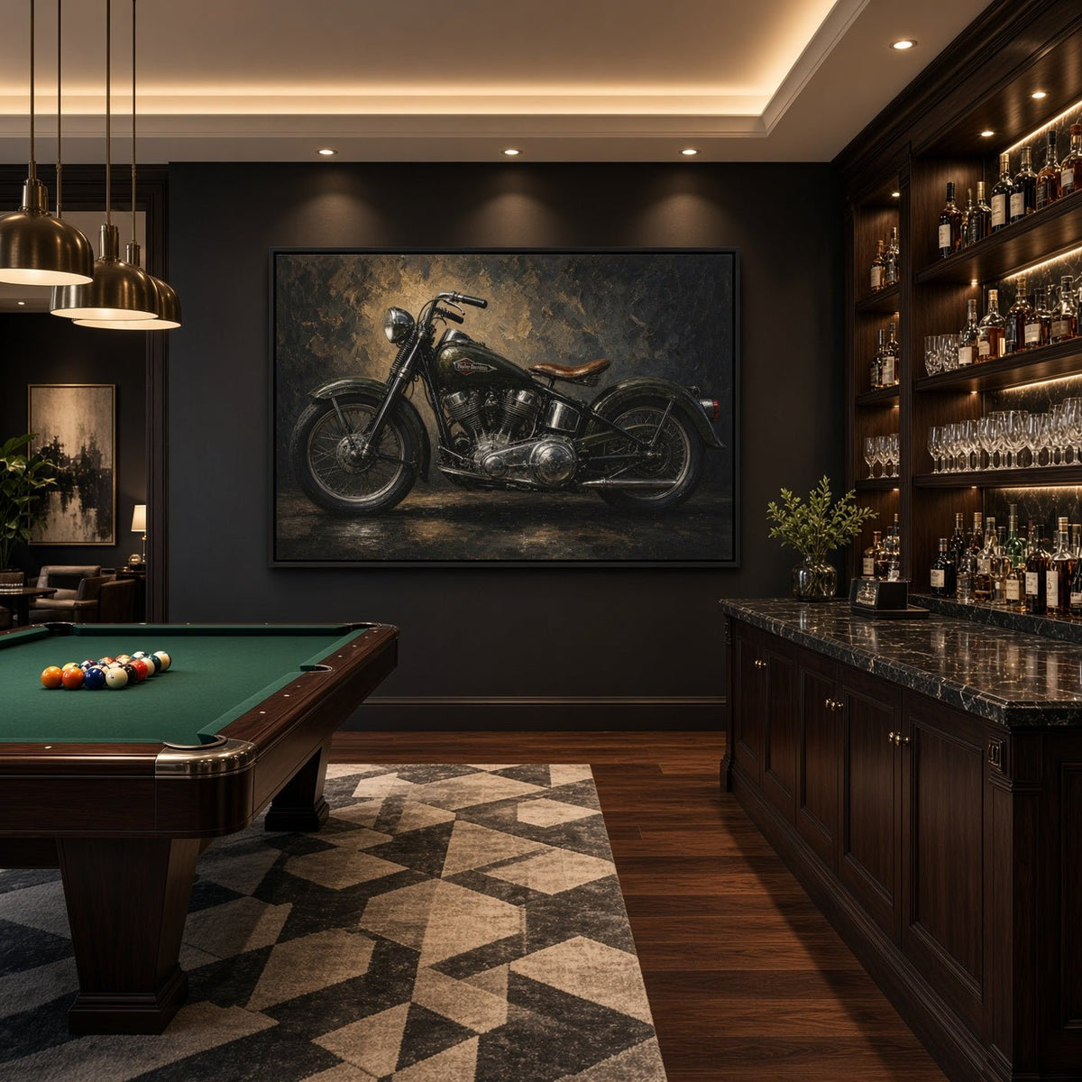 Framed motorcycle canvas featuring a vintage bike against a textured, dark backdrop.