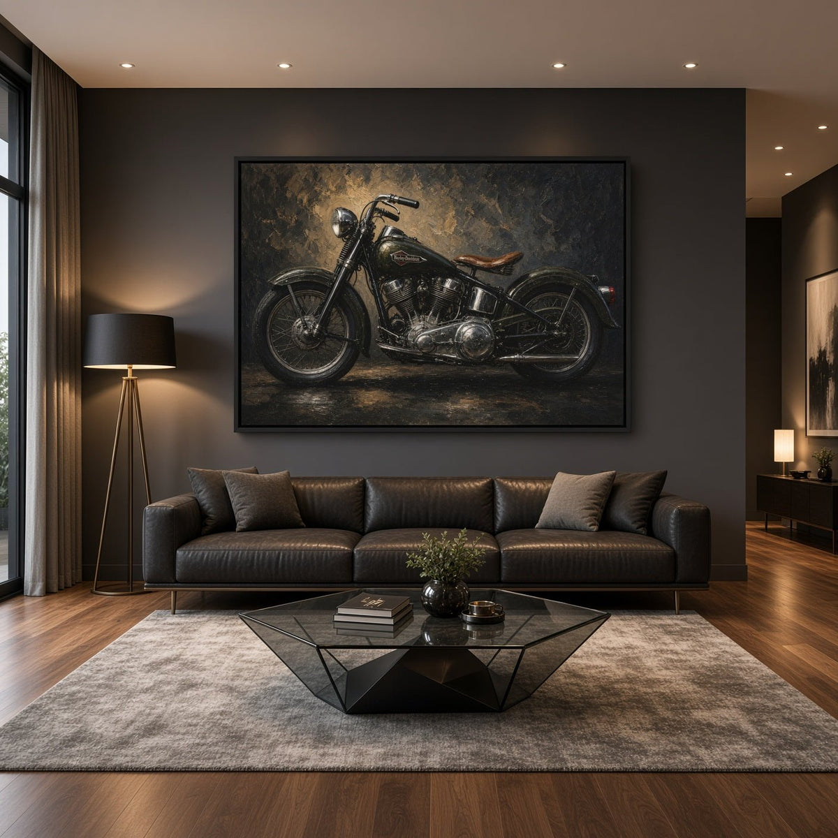 Framed canvas print of a vintage motorcycle with detailed chrome engine parts.