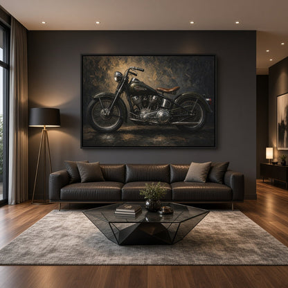 Framed canvas print of a vintage motorcycle with detailed chrome engine parts.