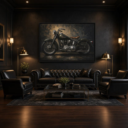 Black-framed canvas art depicting a classic motorcycle in side profile.