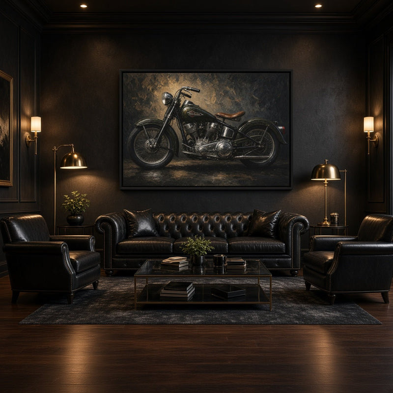 Black-framed canvas art depicting a classic motorcycle in side profile.