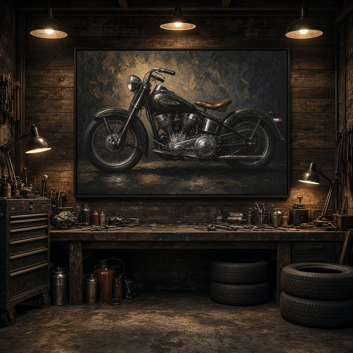 Large motorcycle canvas art featuring a vintage bike with spoked wheels and a brown seat.