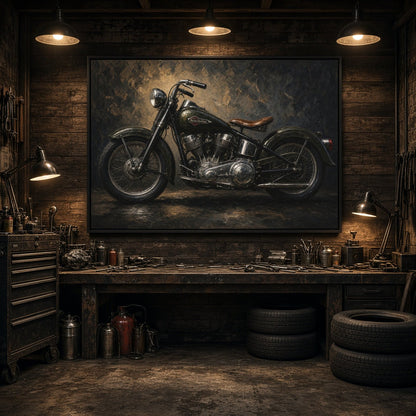 Large motorcycle canvas art featuring a vintage bike with spoked wheels and a brown seat.